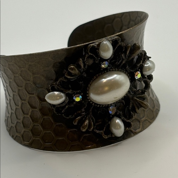 Bronze Honeycomb Faux Pearl Rhinestone Bracelet Cuff 6-9” Southwestern Style - Picture 7 of 7